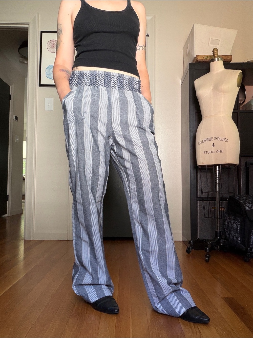 Ci Sono Navy and White Vertical Stripe Wide Leg Pants